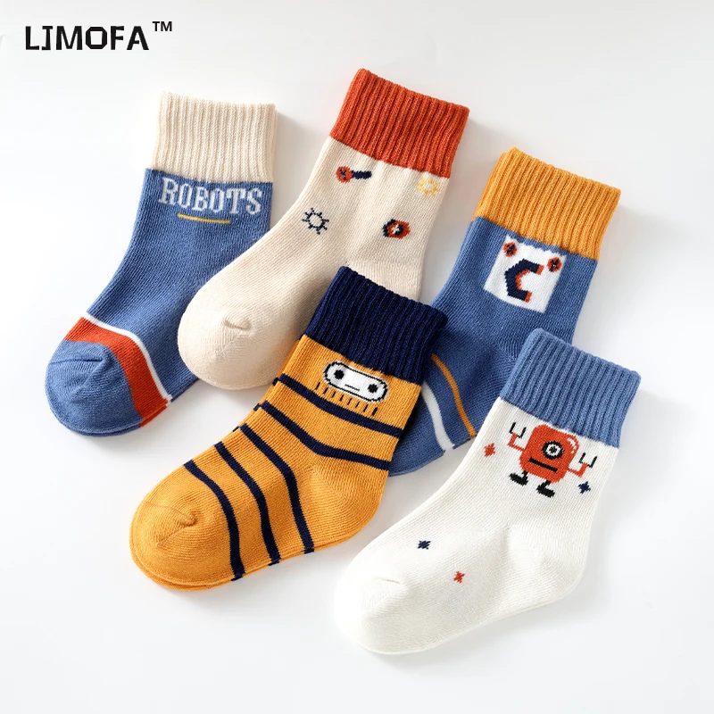 LJMOFA 5 Pairs Baby Toddler Boys Socks Warm Cotton Cute Cartoon Animal Print Kids Socks For Toddler Fashion Mid Sock 1-12Y C112