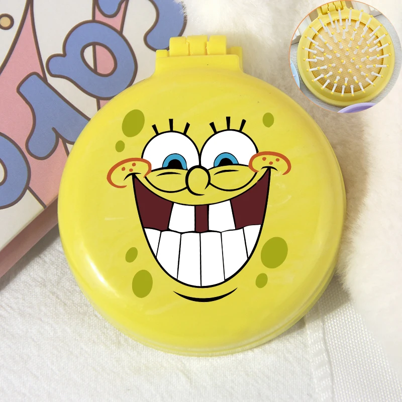 SpongeBobs Air Cushion Comb Mirror Two-in-one New Girls Kawaii Mini Hair Brush Women Travel Portable Styling Accessories Gift