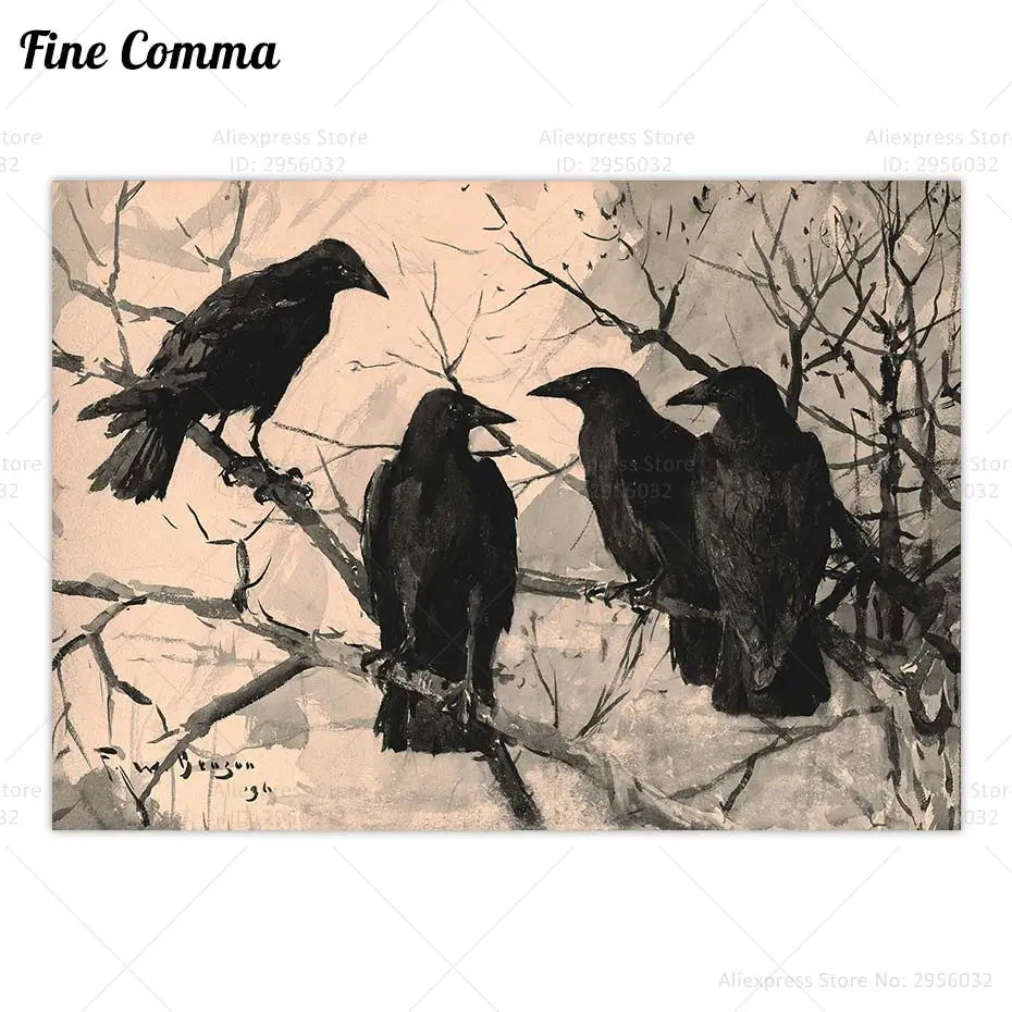 Raven Crows Moody Wall Art Vintage Poster Dark Academia Gothic Painting Canvas Print Home Decor Housewarming Gift