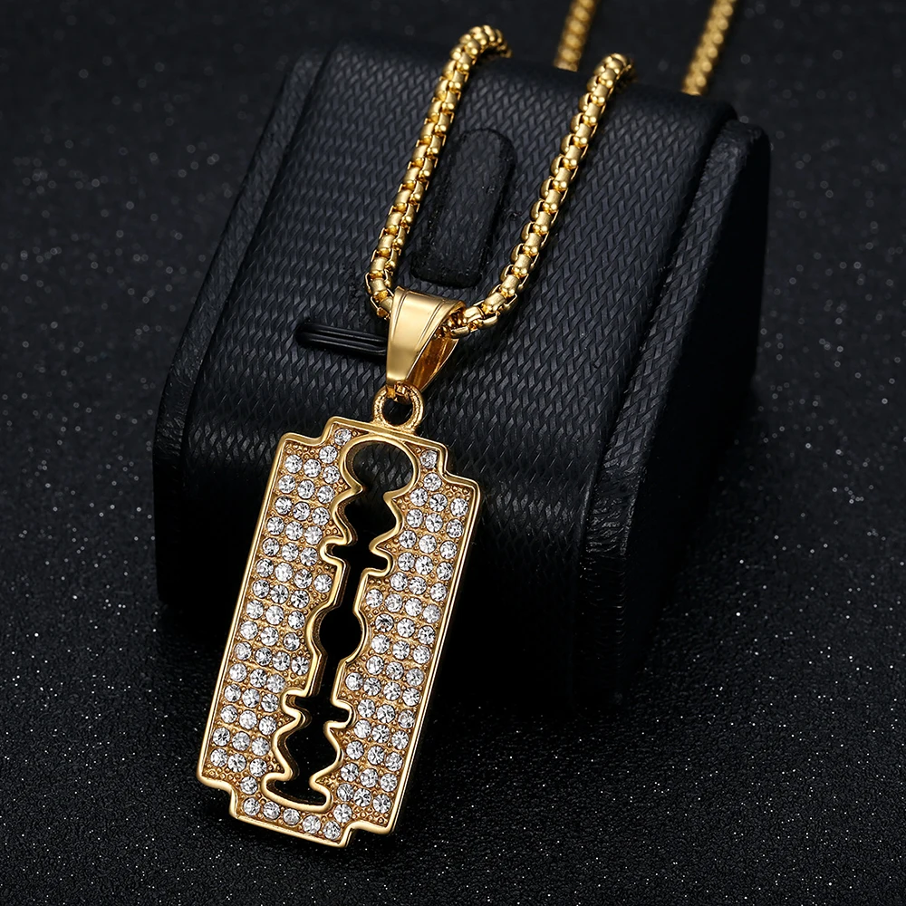 Punk Rock Razor Blade Pendant Necklaces Male Gold Color Stainless Steel Chain for Men Women Hip Hop Iced Out Bling Jewelry Gift