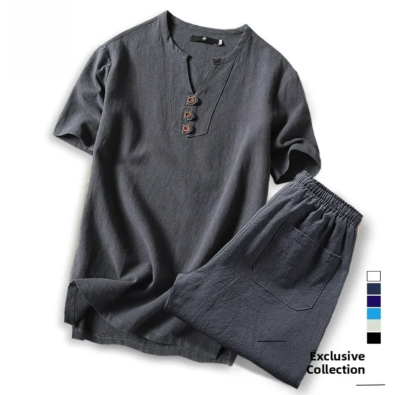 

Midlife Cotton Linen ort Sve Two-Piece Suit for andpa Summer Faionable Ensemble orts Length Suitable for Ages 50