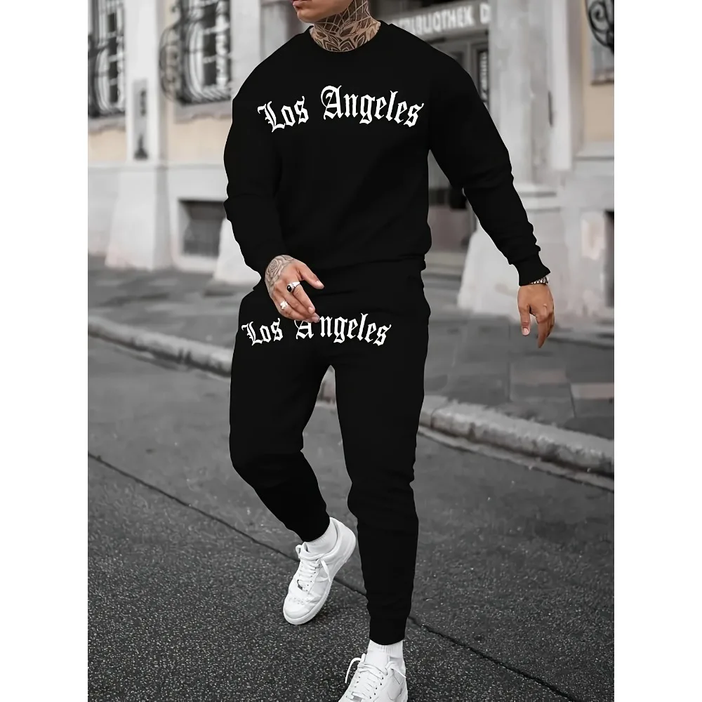

Autumn And Winter Trendy New Men's Loose Casual Fit Sweatshirt Sweatpants Printed Letter Hundred Long Sleeve Sweatshirt Set