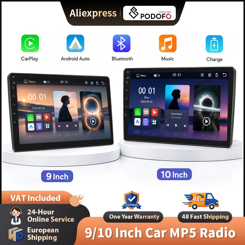 Podofo 9"/10'' Autoradio Wireless Carplay Android Auto Universale Lettore Multimediale MP5 BT FM 2din Unità Principale SWC Sistemi Intelligenti per Auto Stereo Multimediale EQ Mirrorlink Monitor con