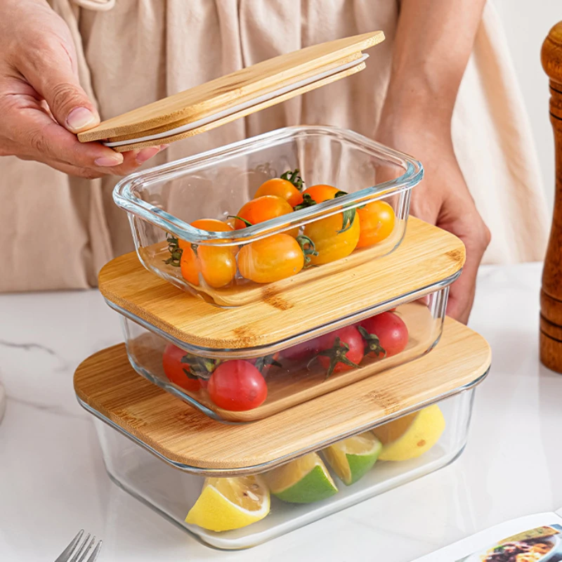 Bambusowa drewniana pokrywka szklana zestaw pudełek pudełko na Lunch odporna na wysokie temperatury miska do mikrofalówki pojemniki do