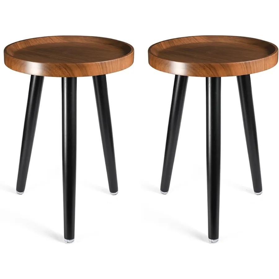 حامل نباتات داخلي من الخشب في منتصف القرن بلمسة نهائية من خشب الجوز، حامل نبات طويل القامة لوعاء الزهور، علامة تبويب جانبية صغيرة مستديرة حديثة #1