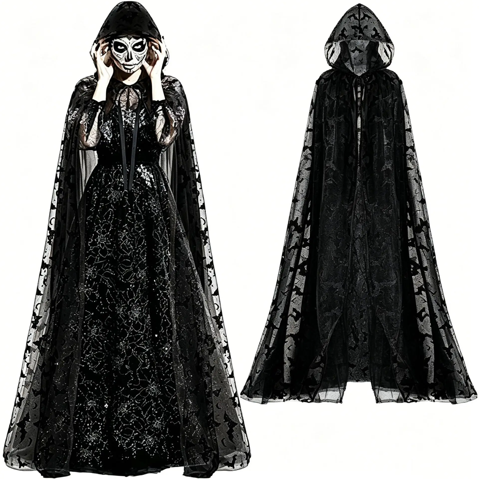 Lila Fledermaus-Langmantel mit Kapuze für Erwachsene, Unisex, Hexen-Cosplay, Tüllumhang für Halloween-Party, Fotografie, Halloween-Dekorationen – Detail 11