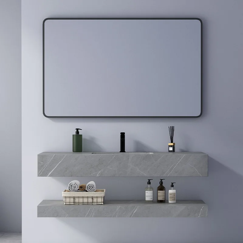 

Modern Bathroom Cabinet Double-layer Slab Basin Combination Household Wall-mounted Washstand Hotel Bathroom Smart Mirror Vanity
