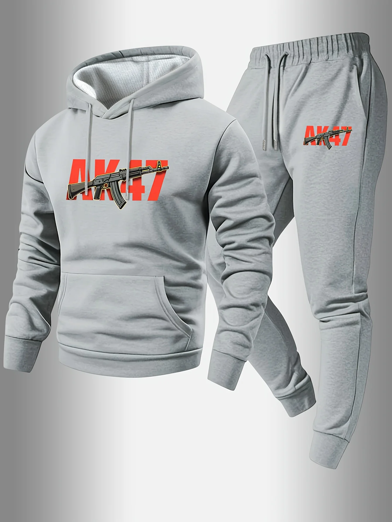 Men 2Pcs Streetwear Tracksuit, AK47 Graphic Hoodie Sweatshirt Drawstring Jogger Pants Set, Male Casual Sports Daily Outfit