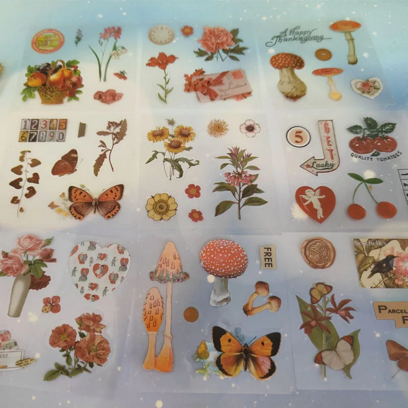 100pcs/Box Sticker Vintage Butterfly Flowers Mushroom Plant Decorative Adhesive DIY Scrapbooking Material Journal Paper Supplies