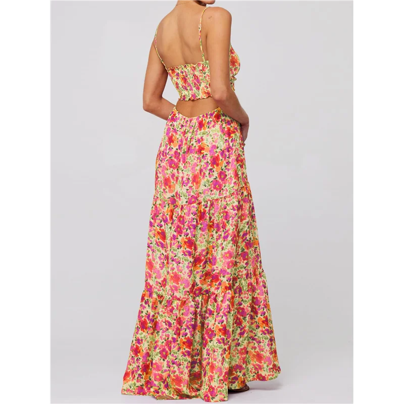 Summer Floral Sundress For Women Spaghetti Straps Hollow Out Tie Front Maxi Dress Flowy Smocked Bohemia- Dress