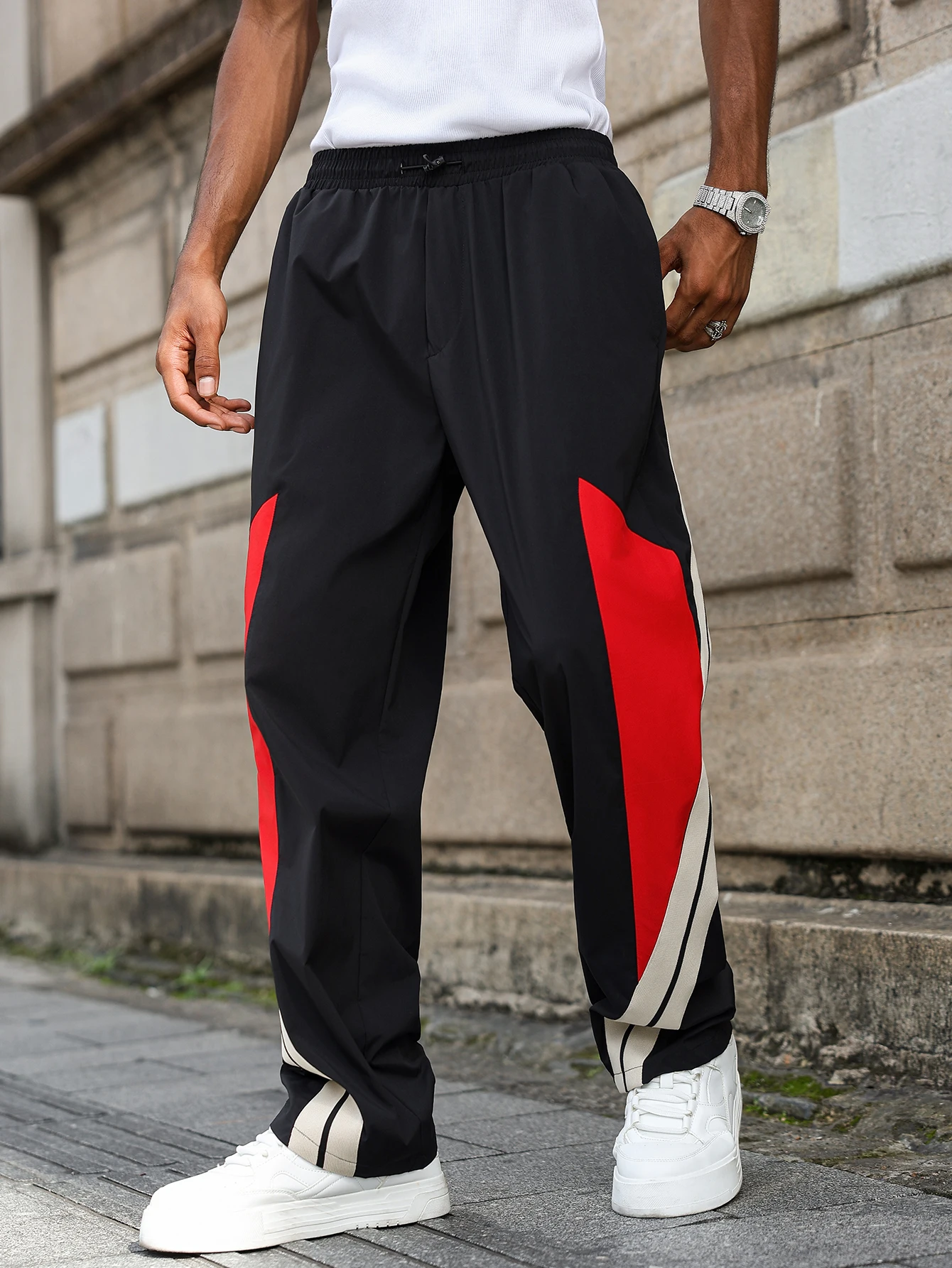 سراويل طويلة للرجال مرقعة متعددة الألوان ولمسات مخططة، ملابس رياضية كاجوال فضفاضة، مناسبة لزي الفريق والمدرسة #3