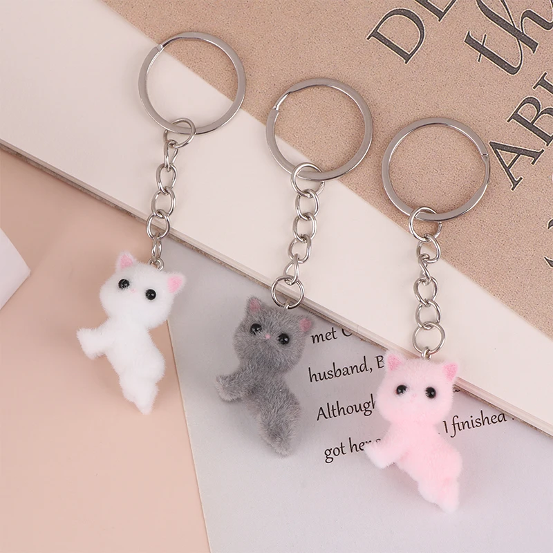 Cartoon 3D Flocking Lying Cat Keychain Cute Lying Down Kitten Animal Keyring Pendant DIY Backpack Charms Car Bag Decor Toy Gifts