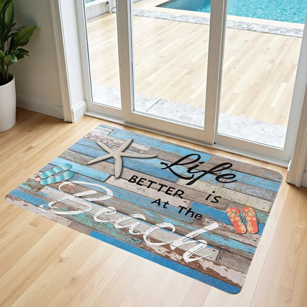 VIKAMA Beach Life Starfish Flip Flop Coastal Wood Art Crystal Velvet Door Mat Non Slip Entryway Bedroom Living Room Home Decor