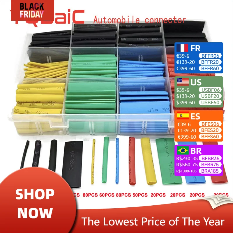 530pcs Heat Shrink Tubing Insulation Shrinkable Tube Assortment Electronic Polyolefin Ratio 2:1 Wrap Wire Cable Sleeve Kit IC