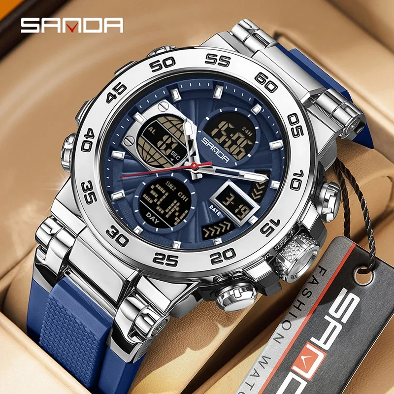 SANDA Fashion New Multi functional Watch Luminous Dual Screen Outdoor Sports 50M Waterproof Men's Electronic Quartz Watch montre