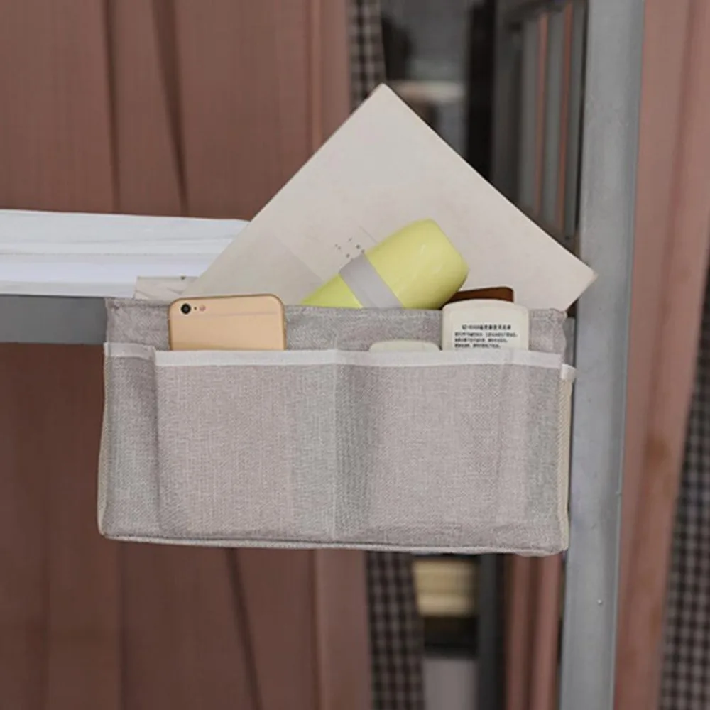 Cotton Linen Bedside Storage Hanging Bag Desk Sundries Storage Basket Car Organizer Multi Pockets Bunk Beds Side Pouch