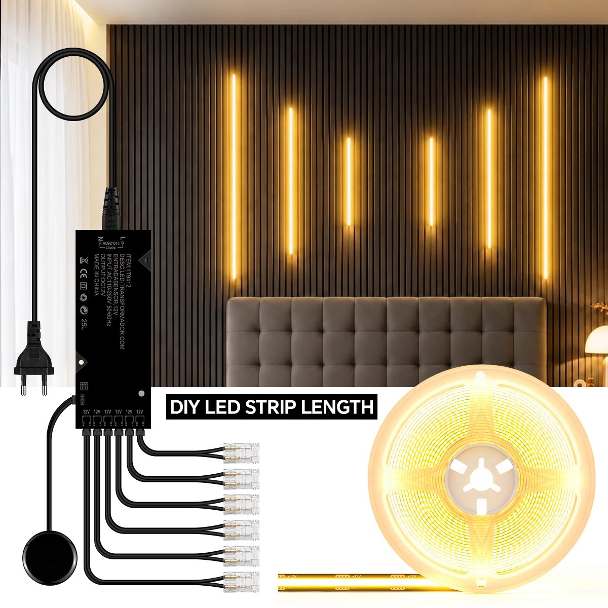 Custom TV Wall Panel Lighting Kit Cuttable COB LED Strip Light With Touch Sensor Dimmer Switch DIY Display Cabinet Shelf Lamp