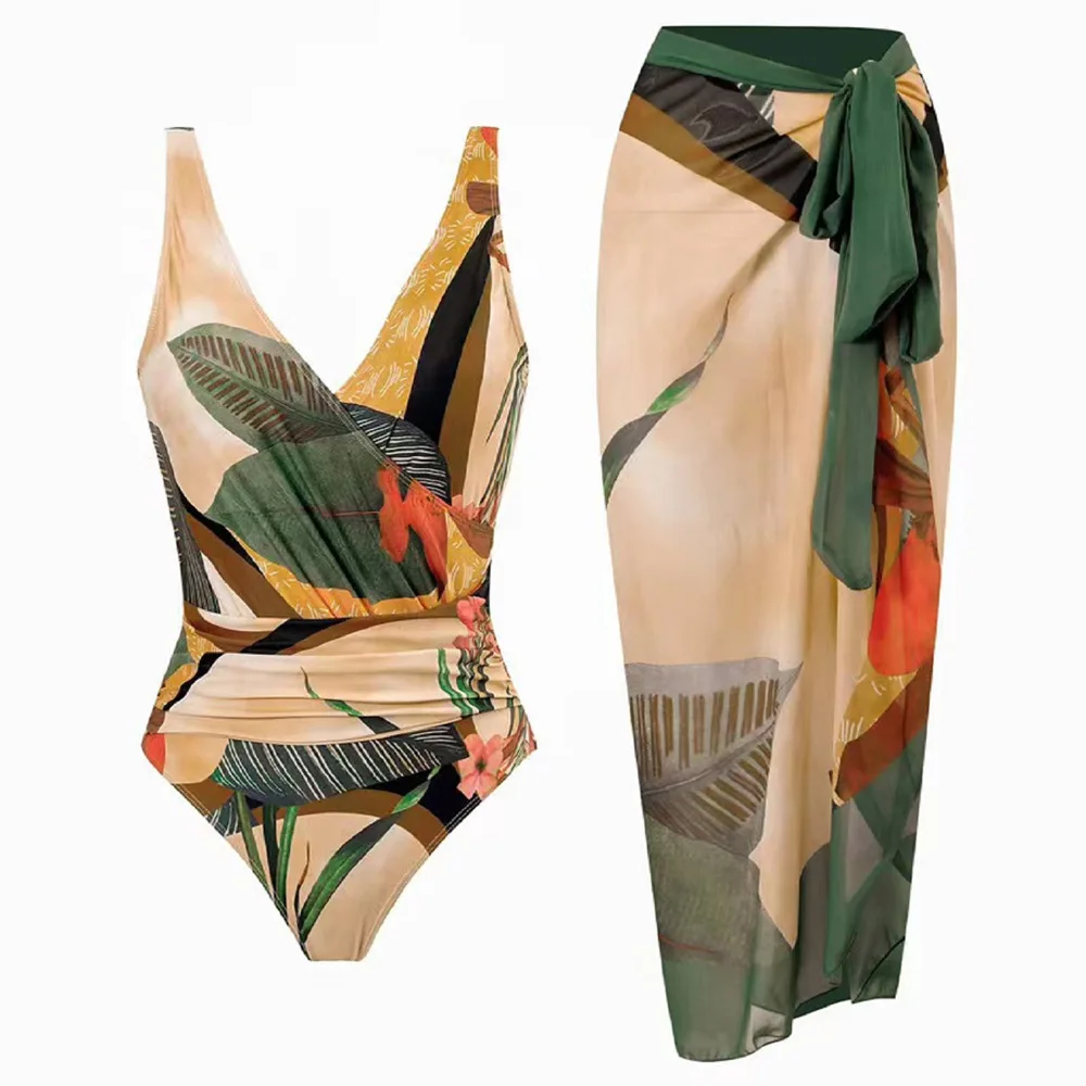 Vintage Women Flora Print Bikini Sets Swimsuit & Skirt Sexy Asymmetrical One Piece Swimwear Female Cover Up Beach Bathing Suits