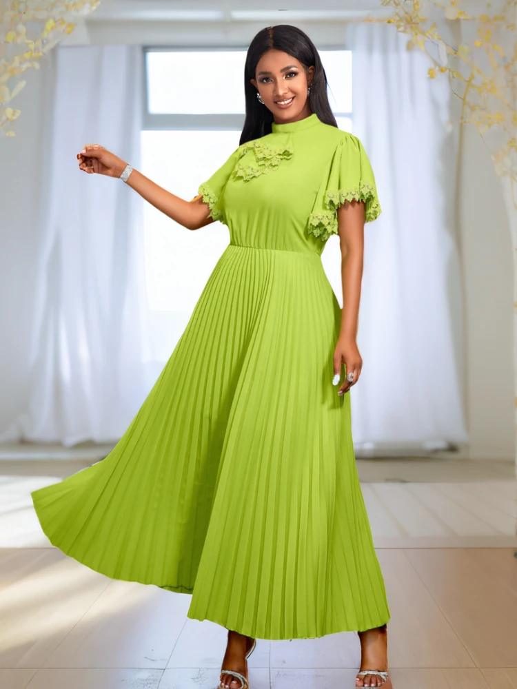 

Green Flattering Dresses Women Mock Neck Short Ruffles Sleeve High Waist A Line Pleated Causal Office Evening Long Gowns