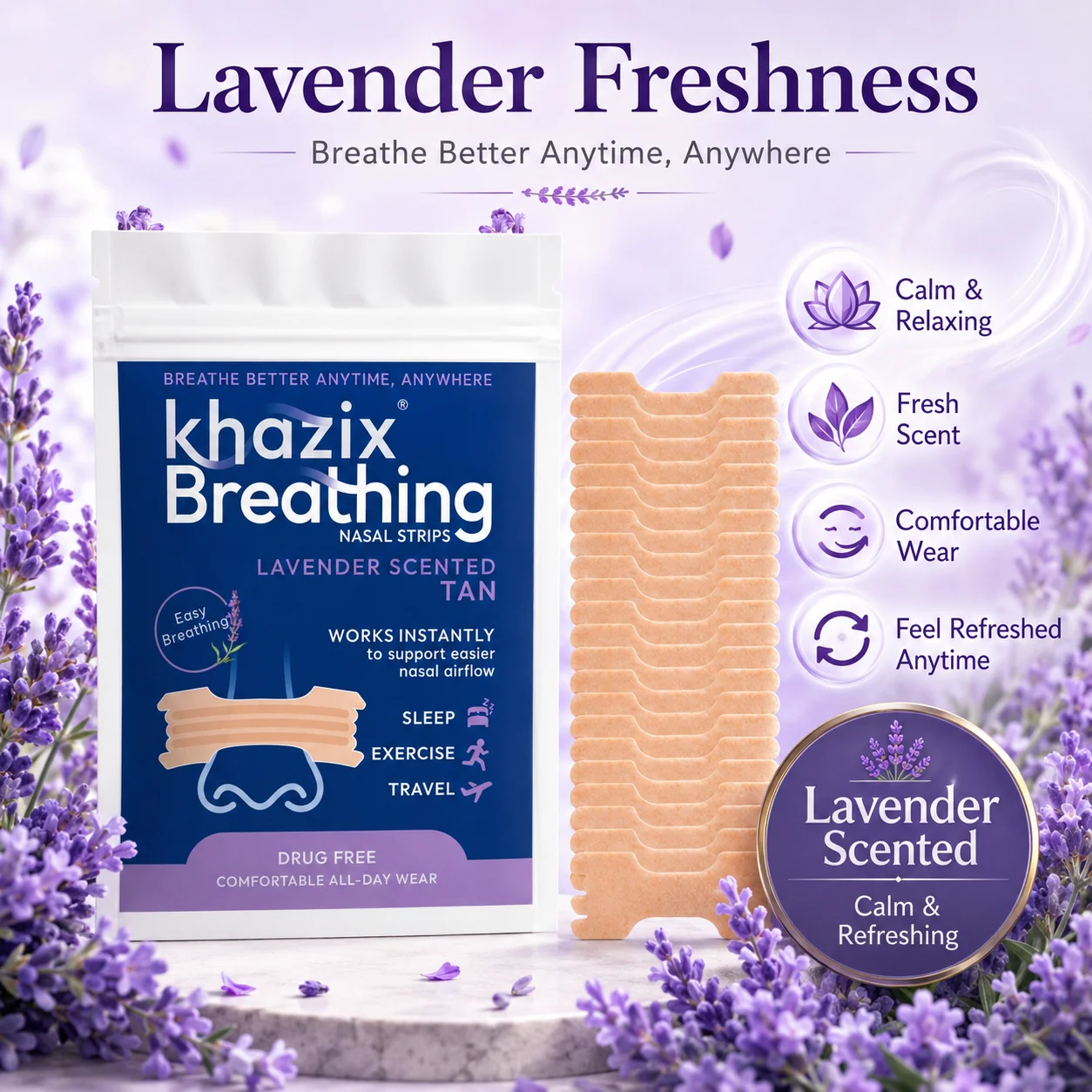 30/5pcs  Lavender Nasal Strips / Drug-Free / Breathing Support / Sleep / Exercise / Travel / Men and Women