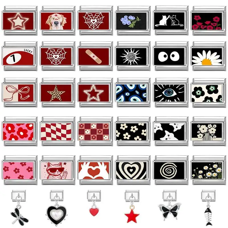 2026 Fashion Black Red Color Italian links Charm Eyes Cat Stripes Heart Bead fit 9Mm Bracelet Stainless Steel DIY Jewelry