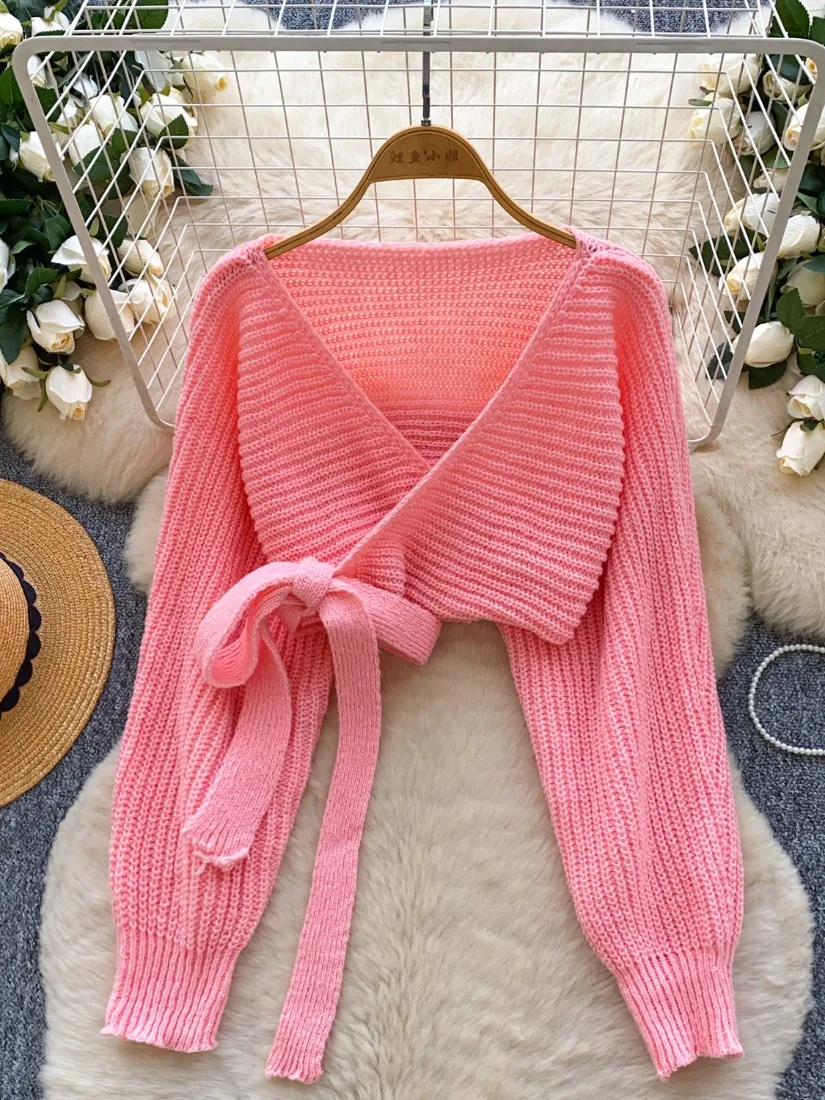 

Foamlina Autumn Cross Neck Tie Up Sweater Top America Sweet Solid Color Knit Short Beautiful Street Hot Girl Sweater Coat Top