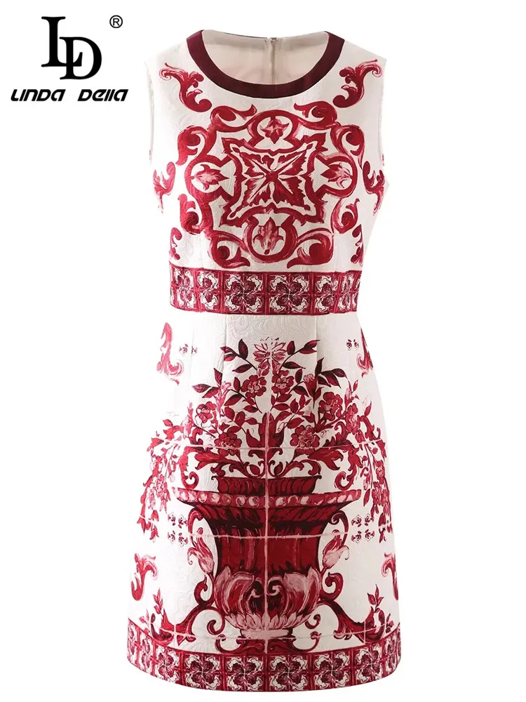 

LD LINDA DELLA Summer Fashion Runway Vintage Saffron Porcelain Dress Women's Print Sleeveless Beach Mini Dress