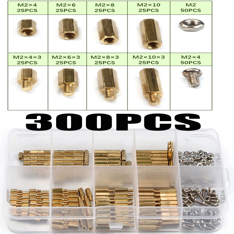 

300Pcs M2 Brass Copper Female/Male Spacing Screws Pillar Stand Off Hex Column Spacer Screw Nut Fastener Tool