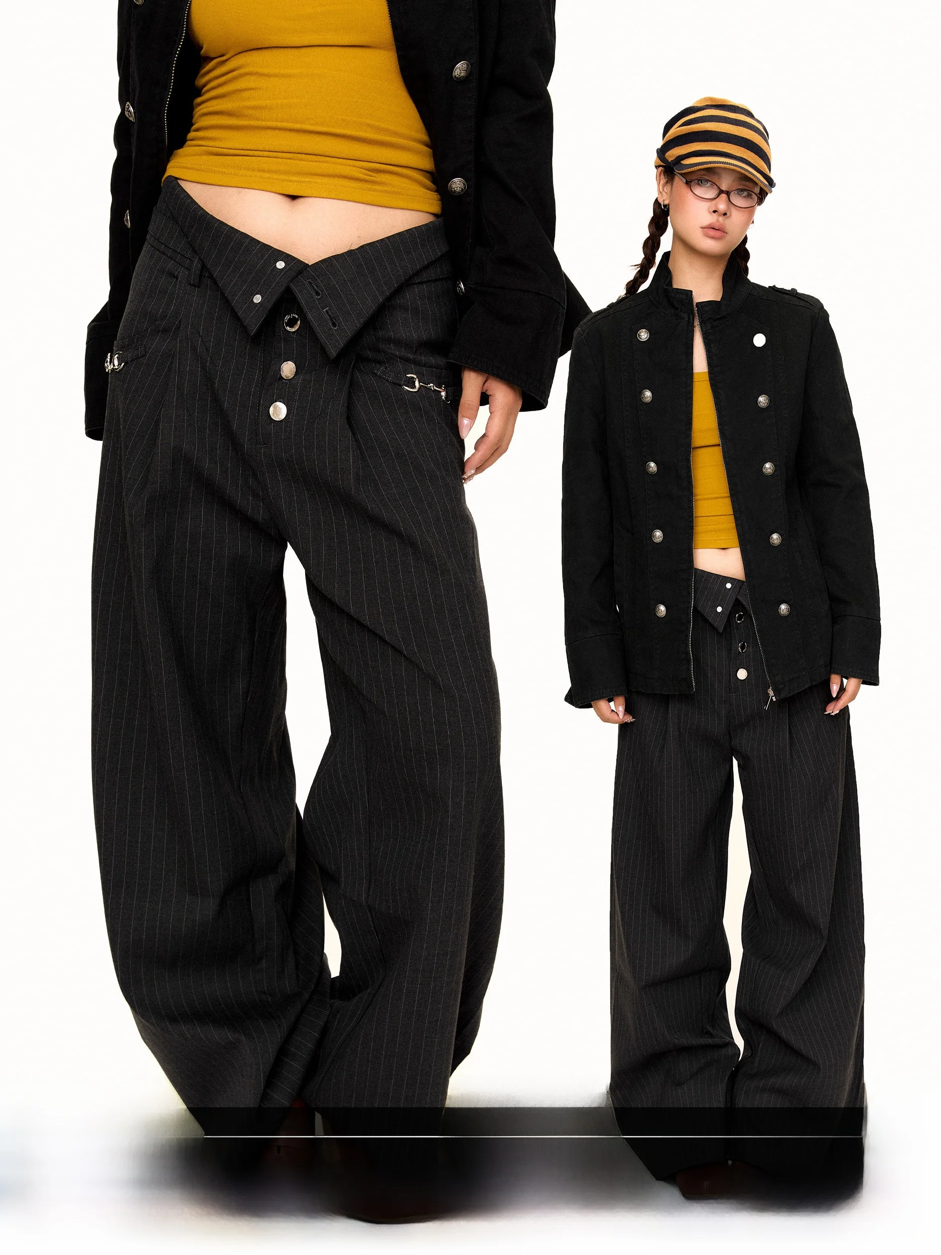 Blackbb Retro Pleated High Waist Straight Leg Micro Flared Kendo West Pants New Wide Leg Stripe Casual Versatile Long Trousers