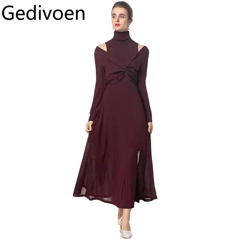 

Gedivoen Autumn and Winter Women's Dress Turtleneck Long Sleeved High waist Slim Hollow Out Chic Elegant Designer Dresses