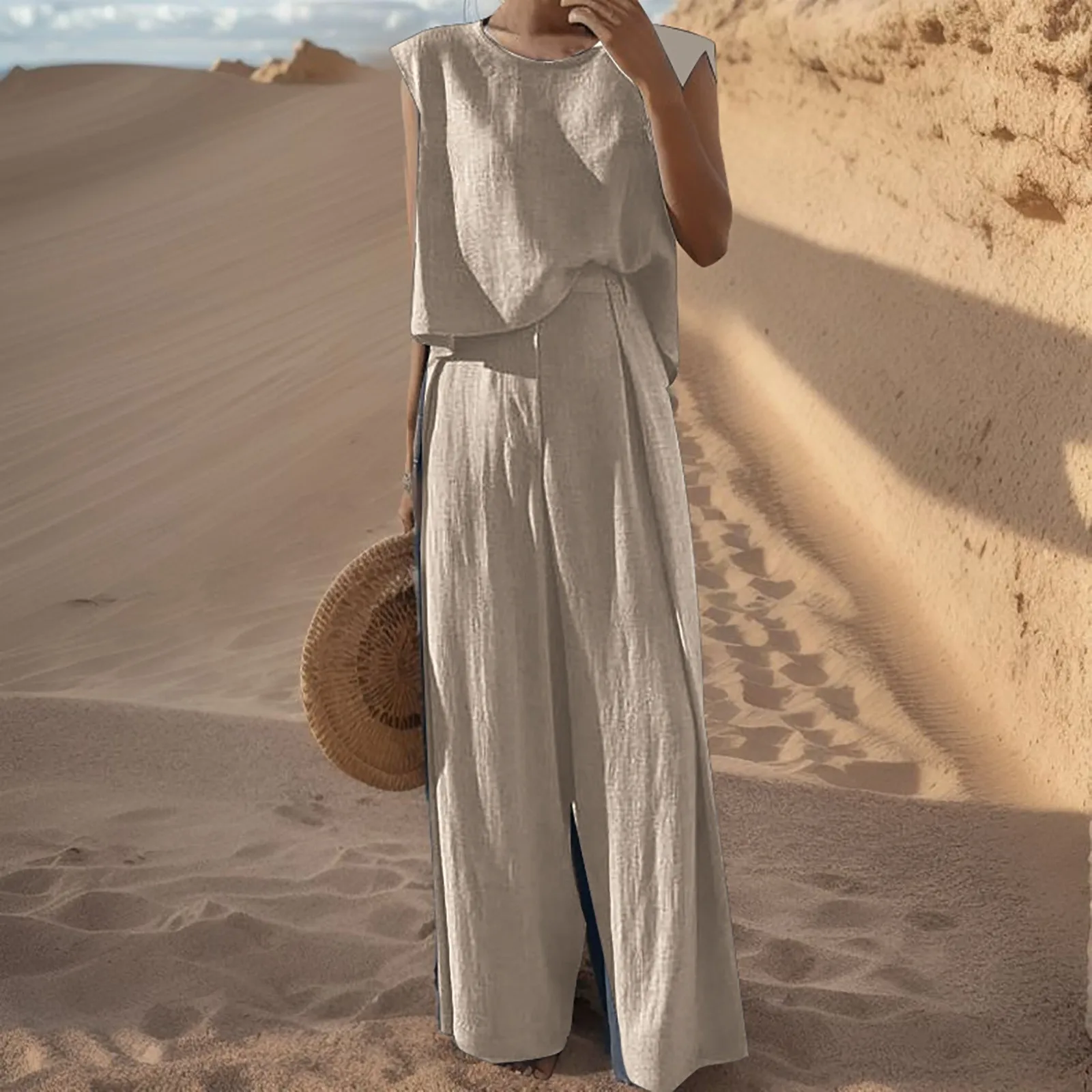 

Women Summer Cotton Linen Suits Fashion Sleeveless O-Neck Tank Top Wide Leg Pants Suits Female Casual Loose Solid Two Piece Sets