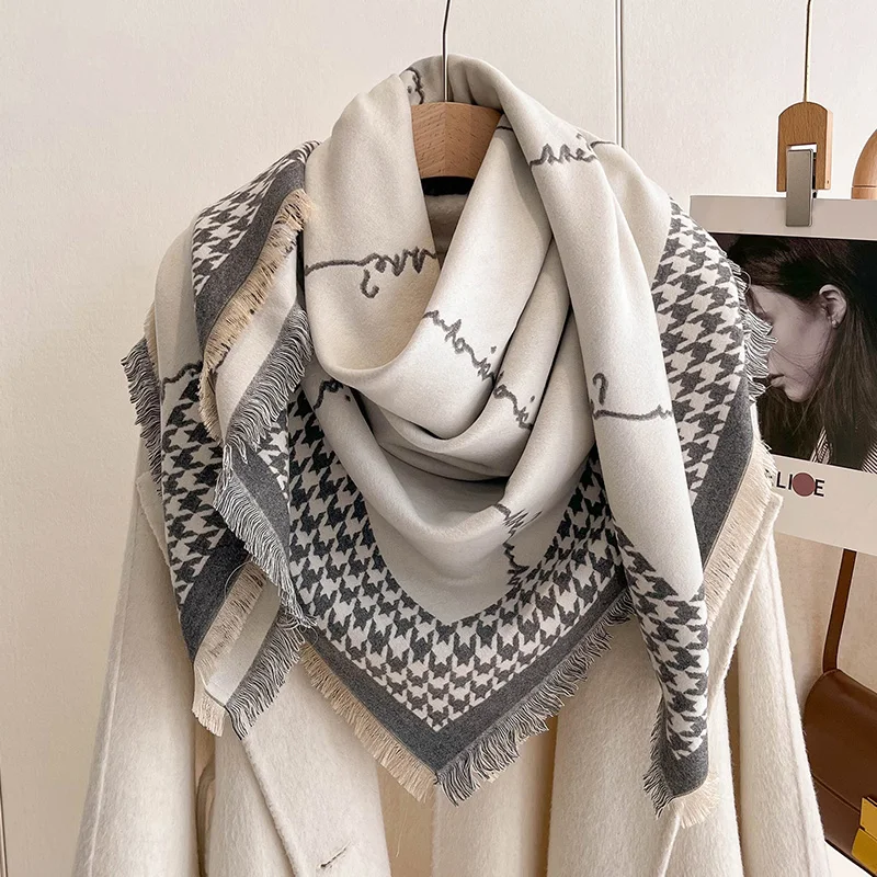 Luxury Brand Cashmere Women Houndstooth Scarf Winter Warm Pashmina Shawl and Wrap Bandana Pashmina Female Foulard Square Thick