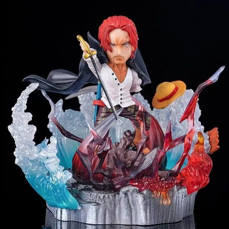 One Piece Shanks Decoração de Cena para Crianças, Estatueta Anime, Desenhos Animados Mão, Modelo GK, Brinquedos Kawaii, PVC Action Figure, Presentes de Natal, Boneca