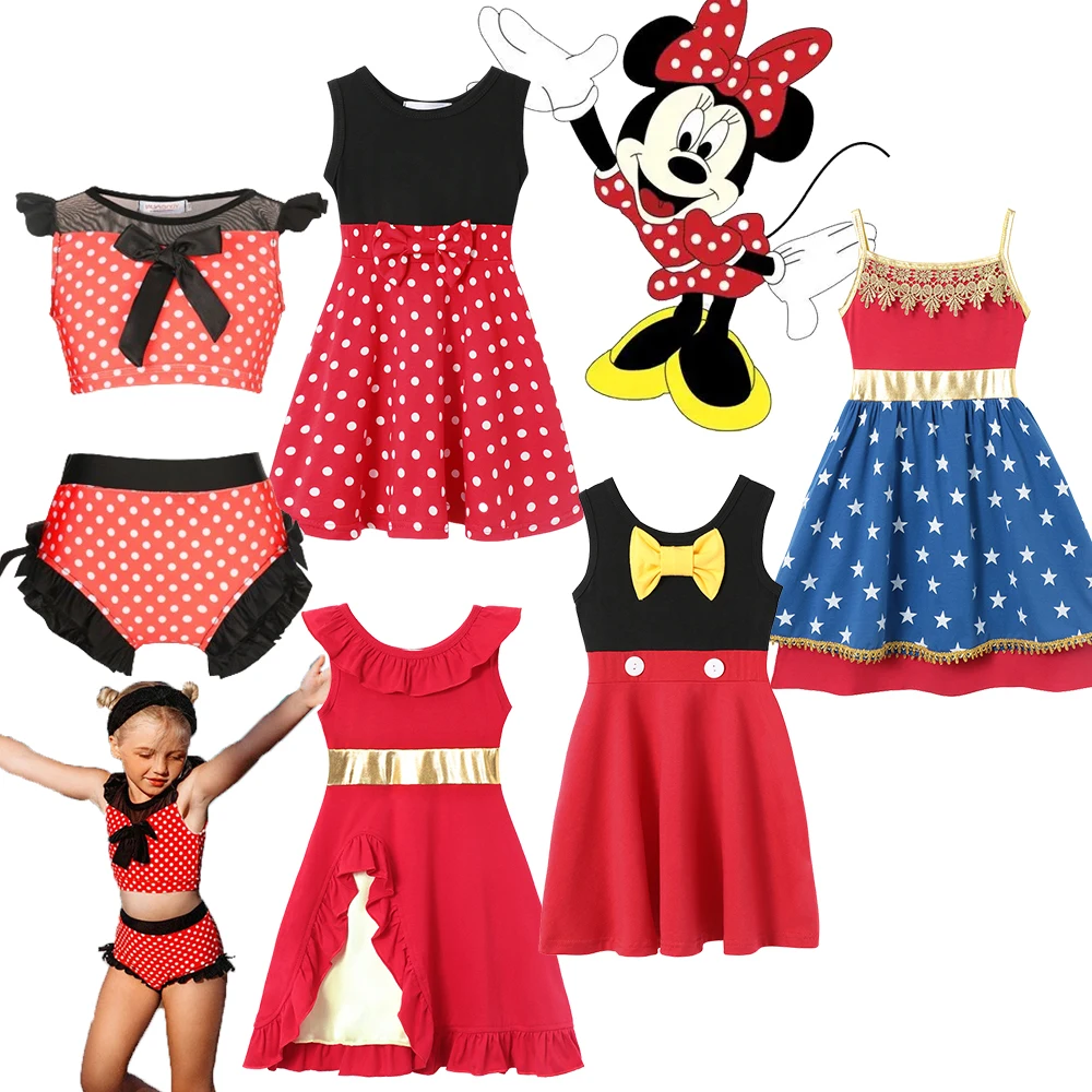 

Mickey Mouse Minnie Summer Casual Dress Red Dress Swimsuit Beach Suspended Sleeveless Knee Length Dress 100% Cotton Dresses