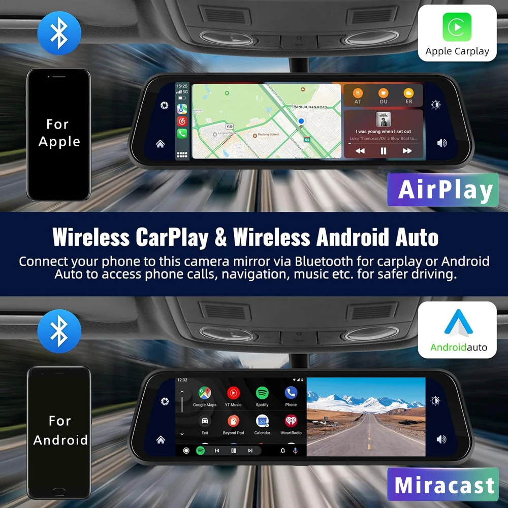 10 "4K داش كام Carplay أندرويد-السيارات سيارة DVR المزدوج لين 5G واي فاي نظام تحديد المواقع بلوتوث FM محرك الفيديو مسجل تيار مرآة داشكام كام