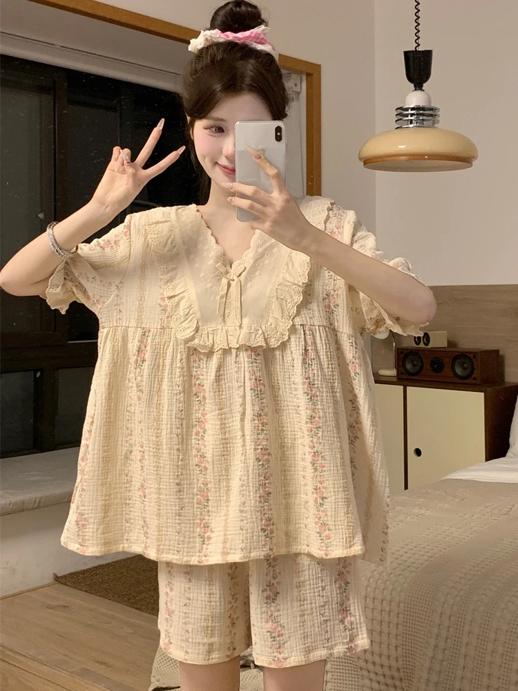 

Sweet Floral Lace Trim Sleepwear Set Women's Summer Thin Short Sleeve Short Pants Casual Home Clothes Thin Polyester Fabric V...