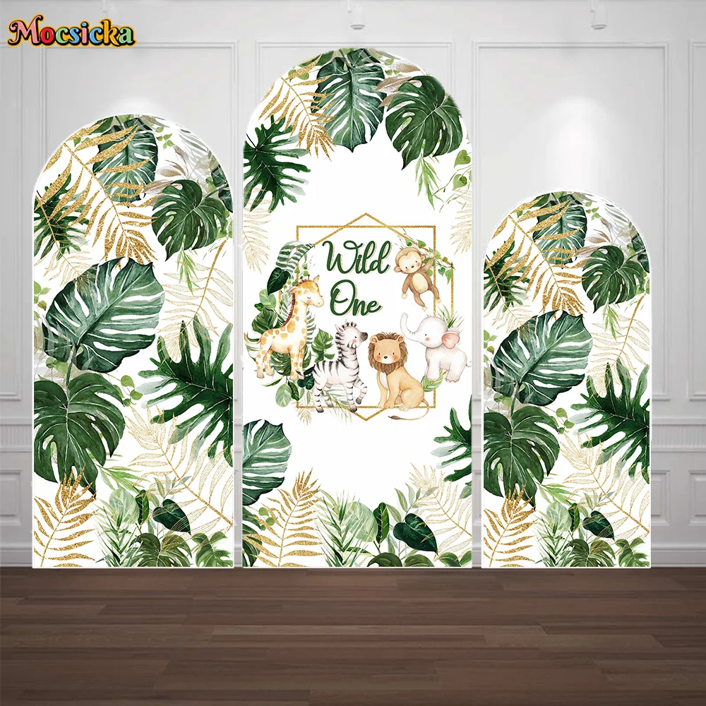 Safari Baby Shower Arched Backdrop Spring Forest Animal Green Leaf Double-sided Cover Background Decor Birthday Party Booth Prop