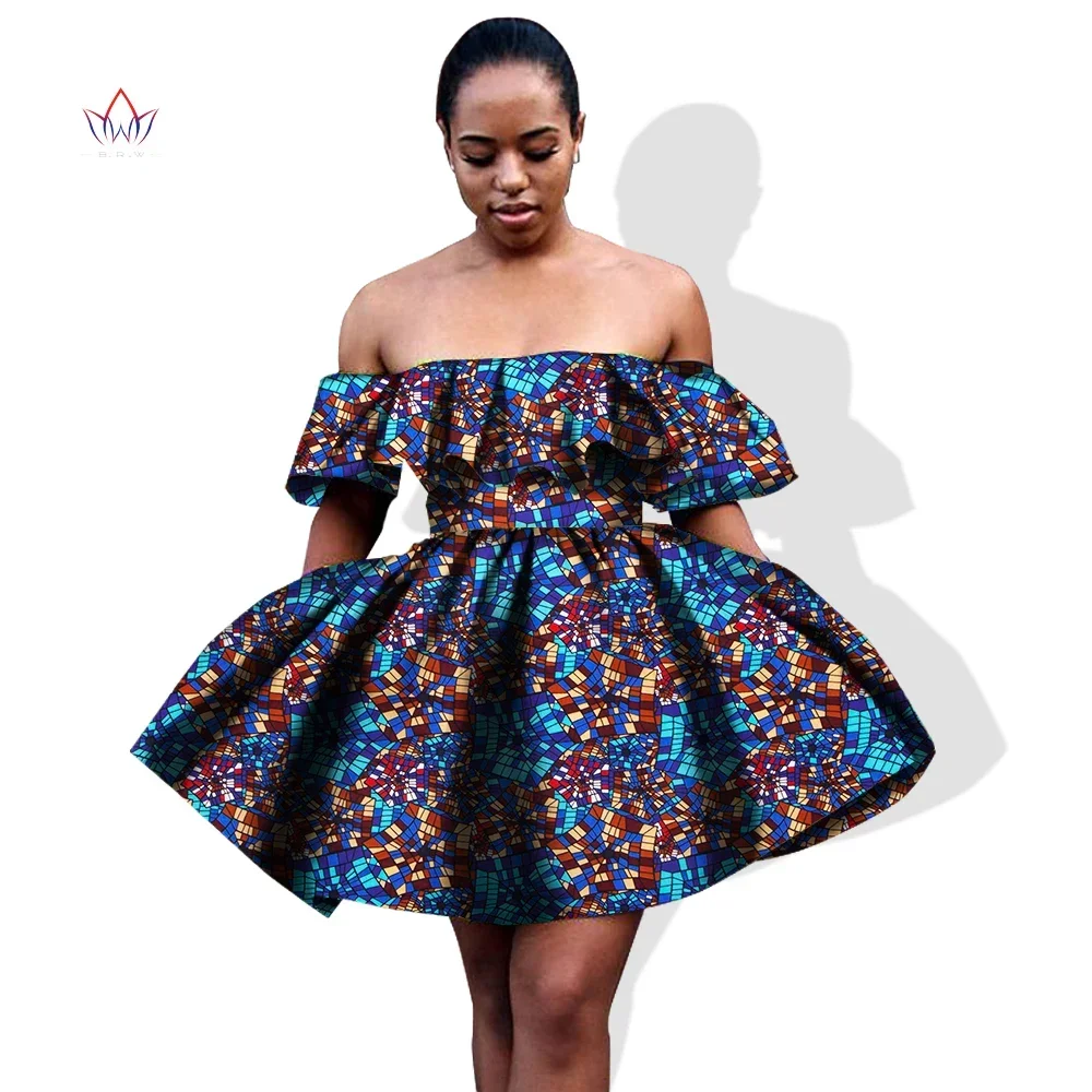 Bintarealwax Summer African Dress for Womans Mini Puff Sleeve African Dresses Plus Size Dress Strapless Ball Gown WY1046