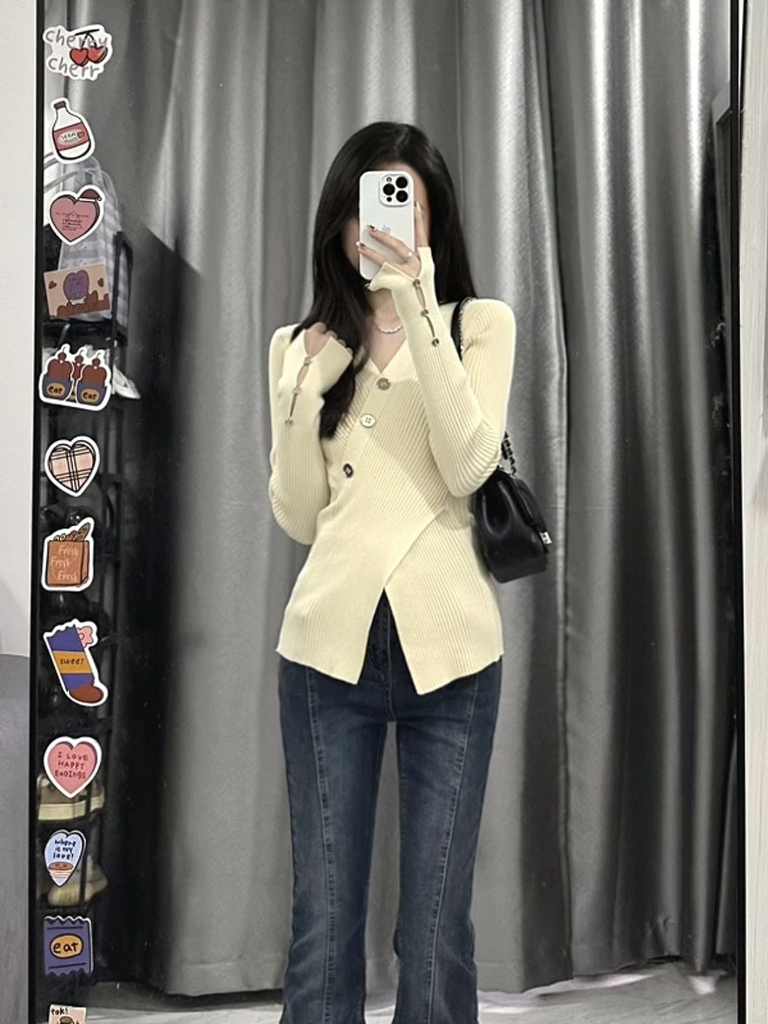 Slim Fit V-Neck Knitted Long Sleeve Sweater Cross A4 Waist Split Head over Footwear French Style Casual Travel Date Office Wear