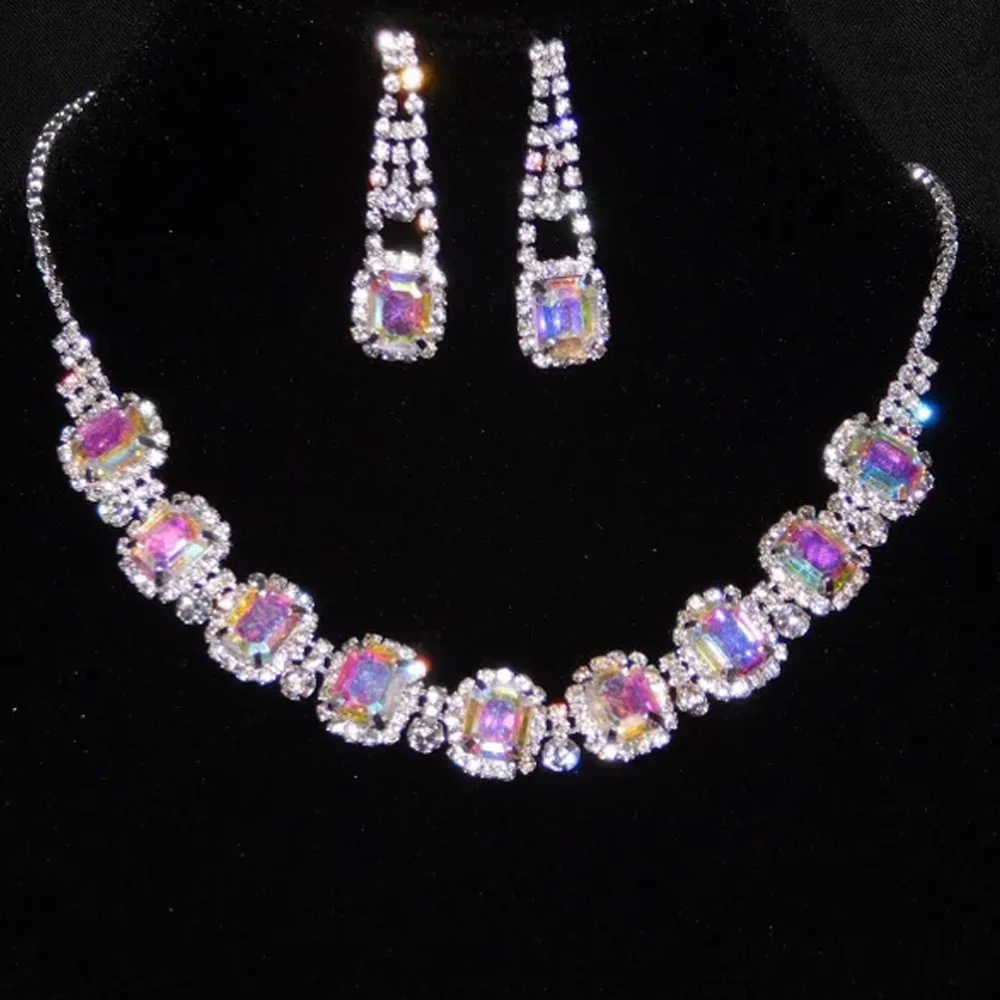 Stonefans AB Iridescent Necklace and Earrings Set for Women Wedding Luxury Jewelry Square Bridal Decoration 2024 Party Dresses