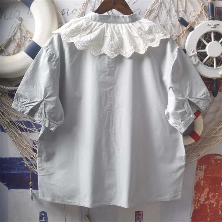 New Summer Cotton Short Sleeve Shirt Stand Ruffled Lace-up Tops Girl Casual Vintage Chic Loose Sweet Blouse 2024 Autumn T46903QC