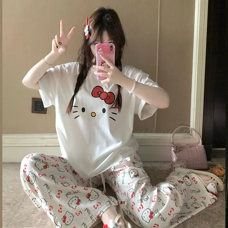 Pajamas Hello Kitty Girls' Summer New Style Slimming Loose Short Sleeves Checkered Pants Sanrio Casual Two Piece Lazy Style Set