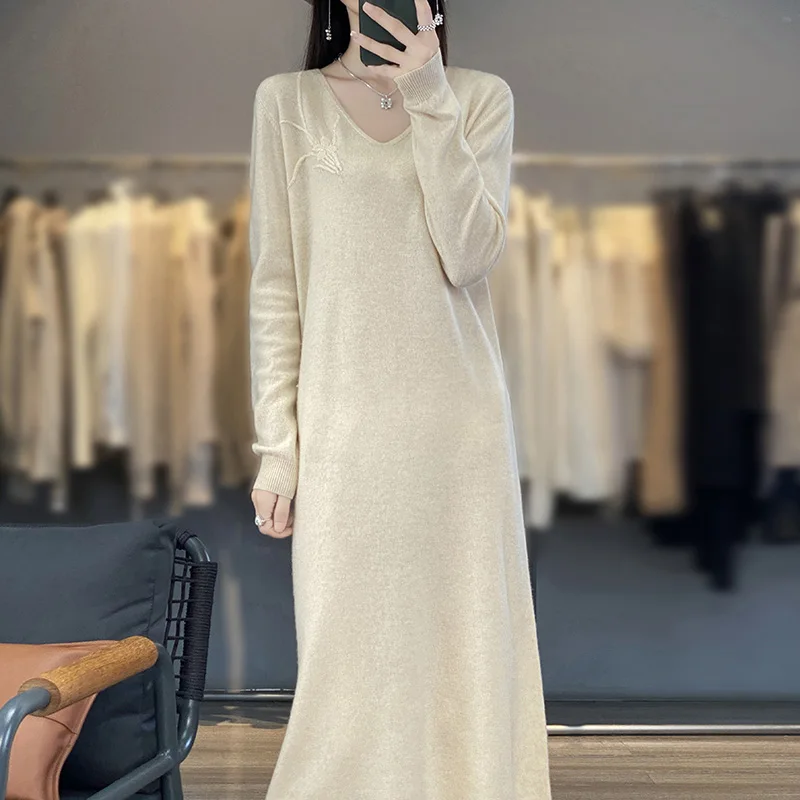 Heavy Industry Embroidery Dress Women's V-Neck Pullover Long Dress 100% Merino Wool Loose Fit Dress Autumn/Winter Korean