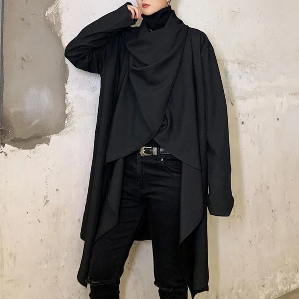 Men Coats Long Sleeve Scarf Collar Trench Ponchos Cotton Outwear Solid Cloak Vintage Irregular Jackets Men Streetwear