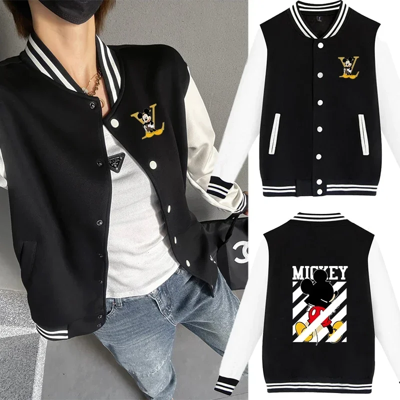 Disney Mickey Fleece Casual Baseball Uniform Cotton Spliced Sleeve Couple Clothing Bomber Jacket Women Sport Coat Streetswear