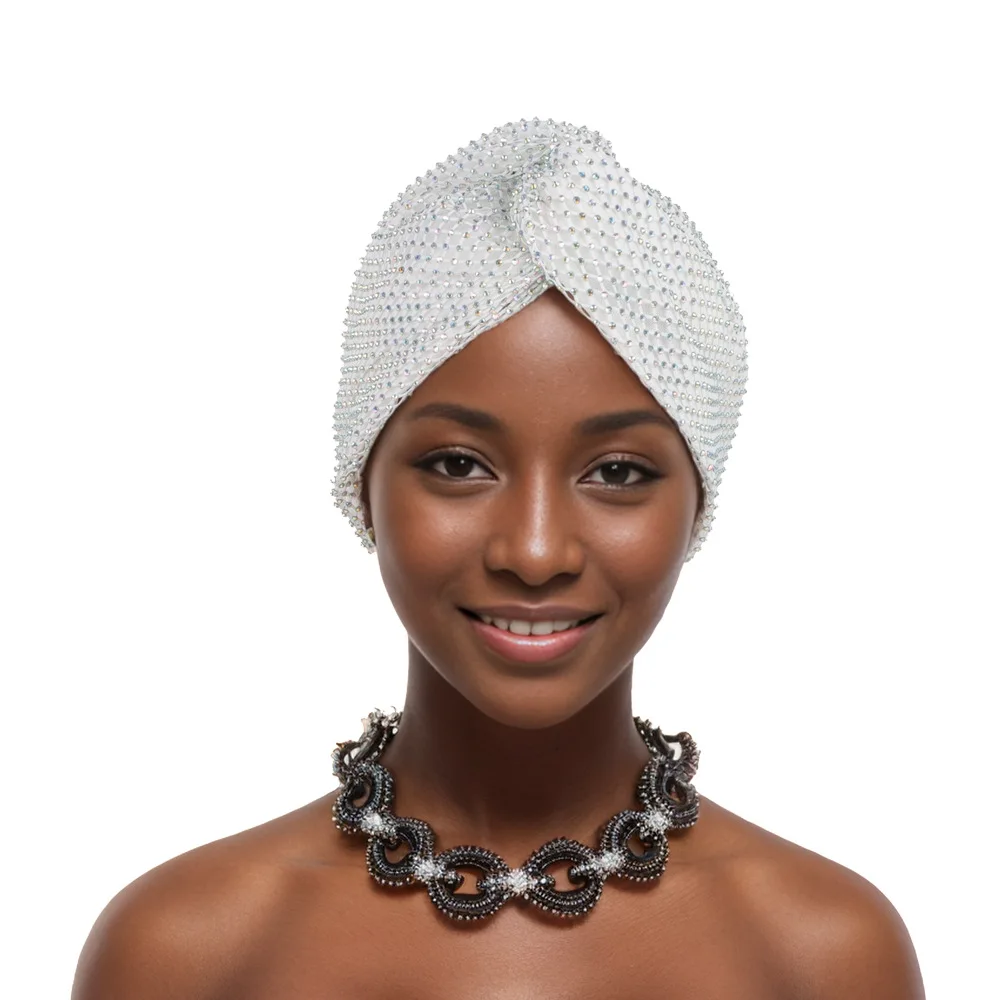 

Mesh Diamonds Knot Turban Cap Hat Muslim Women Hijab African Auto Gele Headties Nigeria Wedding Party Headscarf Turban Head Wrap