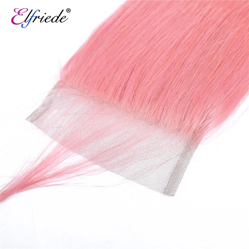 Elfriede #Pink Human Hair Wefts Bundles with Closure Precolored Straight Hair Weave 3 Bundles with 4X4 Lace Closure Preplucked