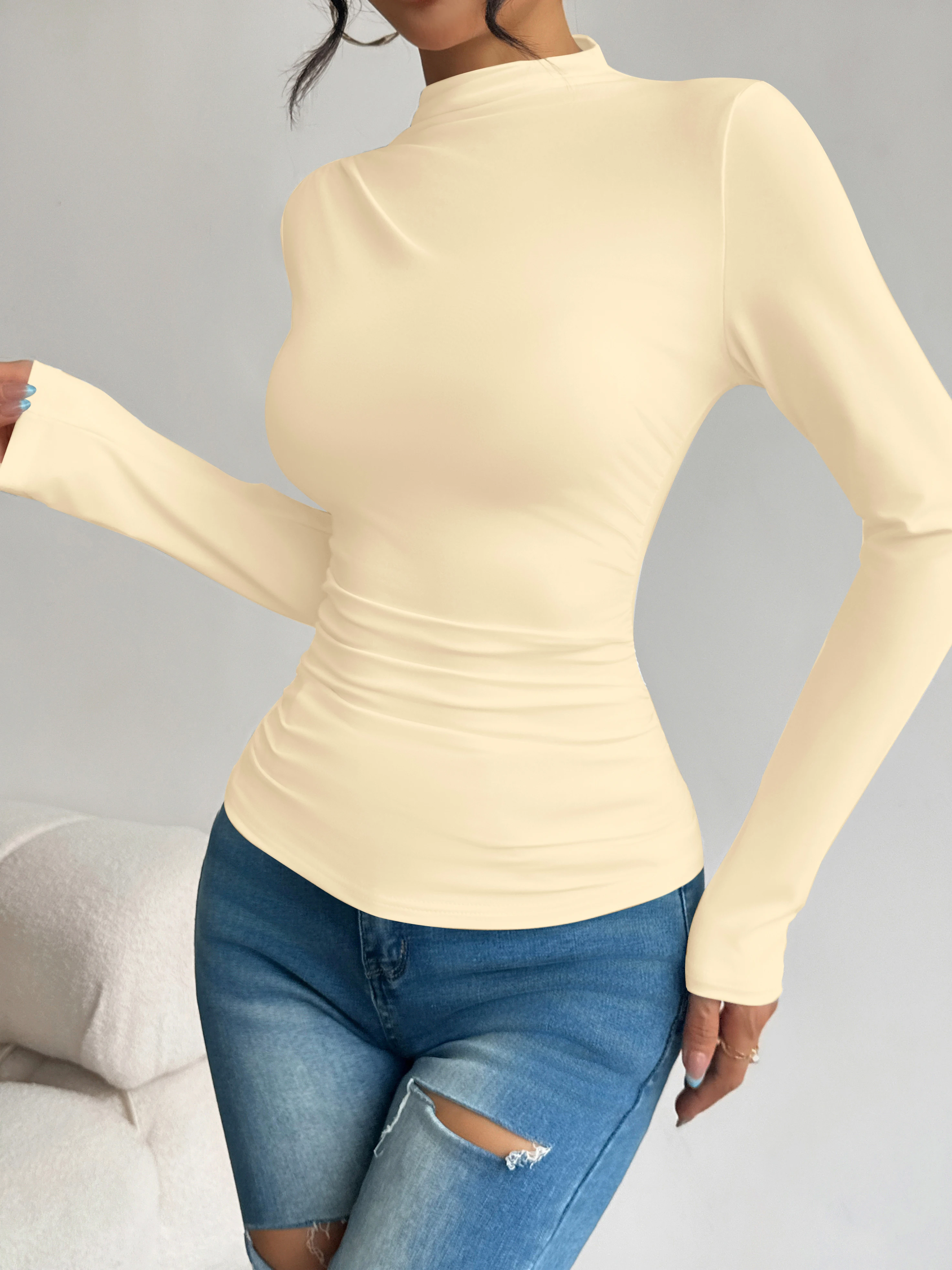Halbhoher Kragen, plissierte Taille, schlank machendes, langärmliges Basic-Shirt für Damen, vielseitiges Oberteil für Frühling und Herbst. – Detail 11