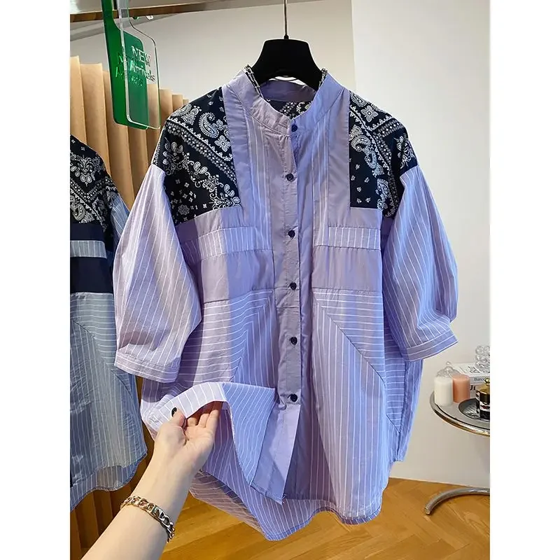 Striped short-sleeved shirt female 2024 summer and autumn new stitching printed cotton and linen retro plus size loose top