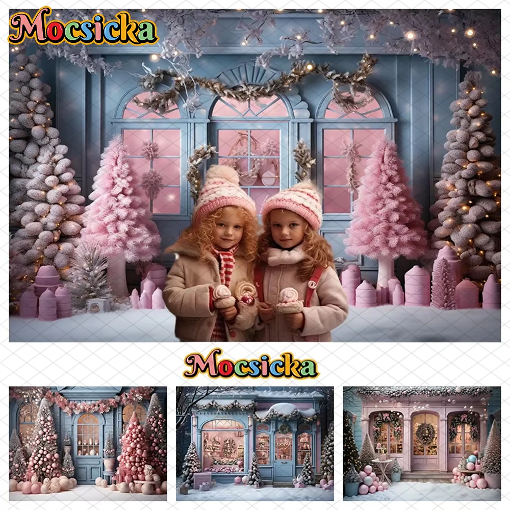 

Mocsicka Christmas Background Photography Xmas Tree House Door Decorations Family Holiday Party Baby Kids Photo Studio Backdrops